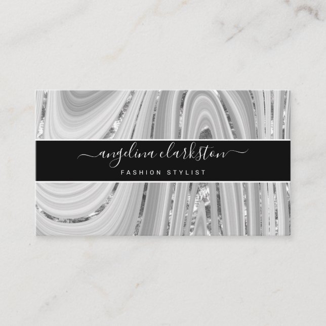 Tarjeta De Visita Moda Black Gray White Script Marble Agate (Anverso)