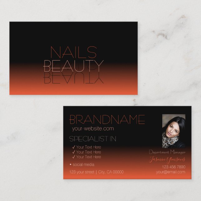 Tarjeta De Visita Moda Black Naranja Mirror Font Classic con foto (Anverso / Reverso)