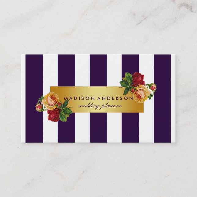 Tarjeta De Visita Moda blanca azul de la marina tiras florales de co (Anverso)