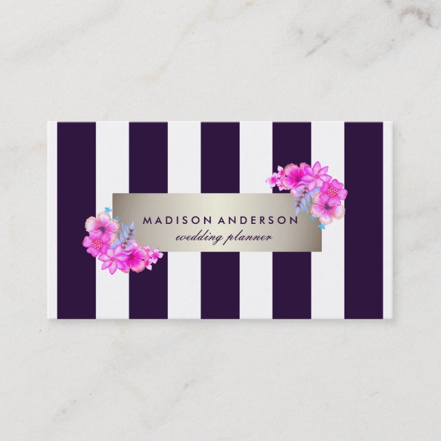 Tarjeta De Visita Moda blanca azul de la marina tiras florales de co (Anverso)