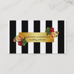 Tarjeta De Visita Moda Blanca Negra Tiras Doradas Vintage Floral