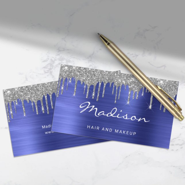 Tarjeta De Visita Moda Blue Silver Purpurina Drilist Stylist (Chic Blue Silver Glitter Drips Stylist Business Card)