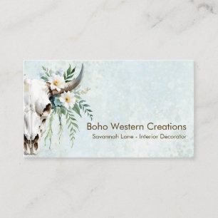 Tarjeta De Visita Moda Boho Acuarela Floral Blanca Cráneo de Vaca