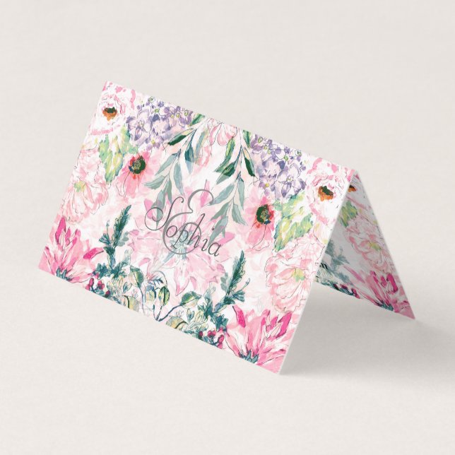 Tarjeta De Visita Moda Boho acuarela floral rosa Botánica (Anverso)