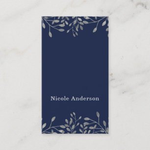 Tarjeta De Visita Moda Botánica Moderna Azul y Plata Elegante