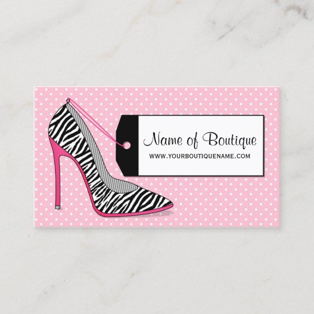 Tarjeta De Visita Moda Boutique Pink y Black Zebra Stilettos (Anverso)