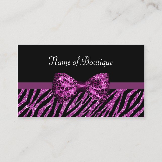 Tarjeta De Visita Moda Boutique Purple Zebra Imprimir FAUX Glitz Bow (Anverso)