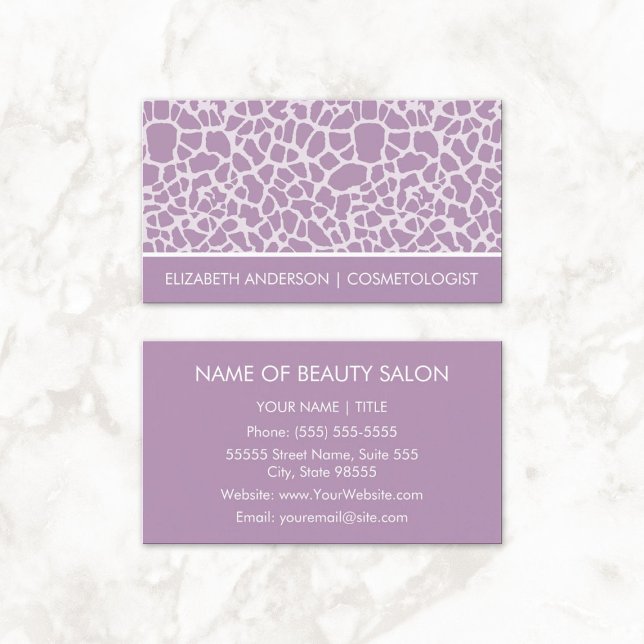 Tarjeta De Visita Moda cometóloga Purple Giraffe Animal Imprimir (Cosmetologist Chic Purple Giraffe Animal Print Business Cards)