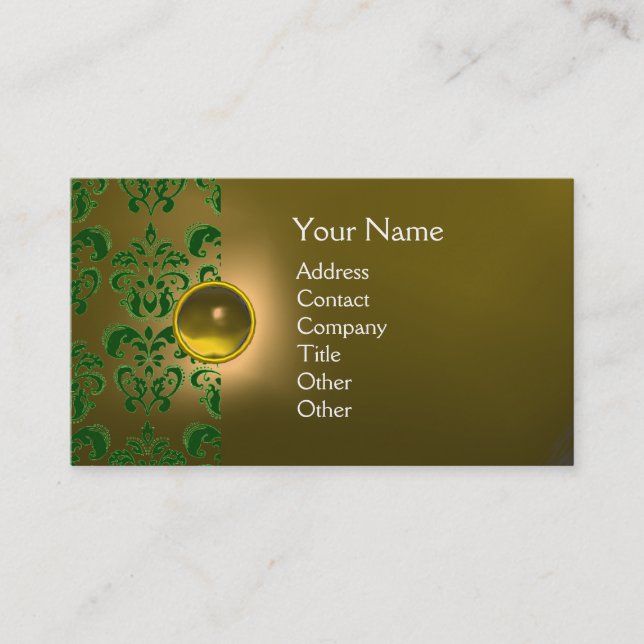 Tarjeta De Visita MODA DAMASK GEM MONOGRAM amarillo verde (Anverso)