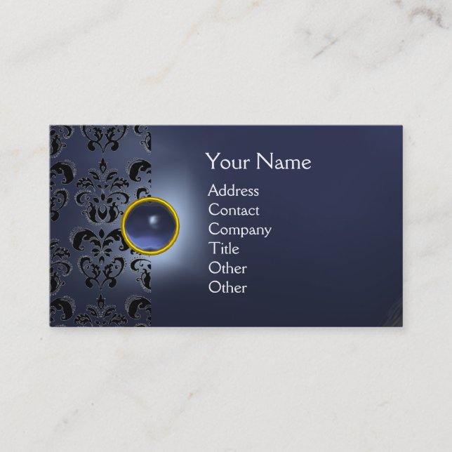 Tarjeta De Visita MODA DAMASK GEM MONOGRAM azul (Anverso)