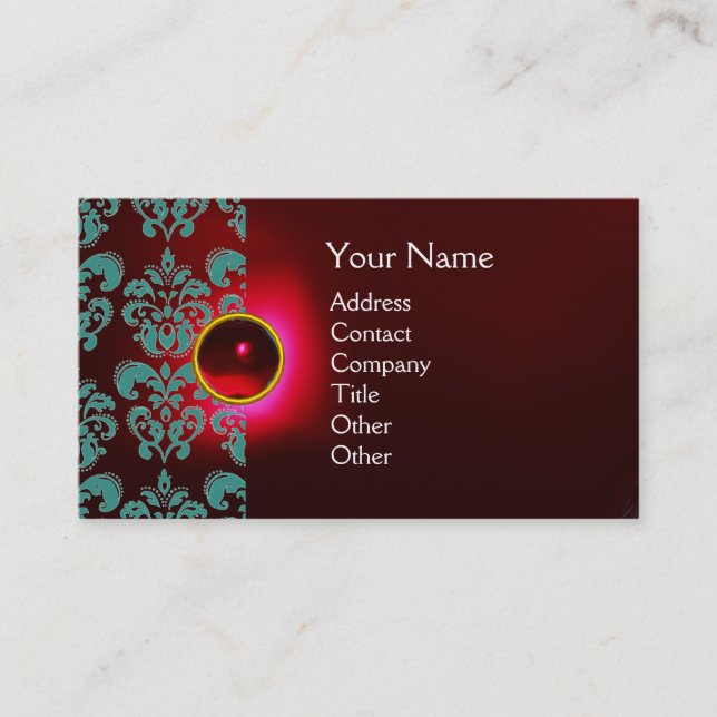 Tarjeta De Visita MODA DAMASK GEM MONOGRAM azul burdeos rojo (Anverso)