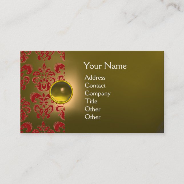 Tarjeta De Visita MODA DAMASK GEM MONOGRAM rojo (Anverso)