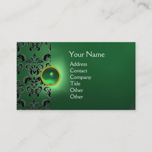Tarjeta De Visita MODA DAMASK GEM MONOGRAM verde (Anverso)