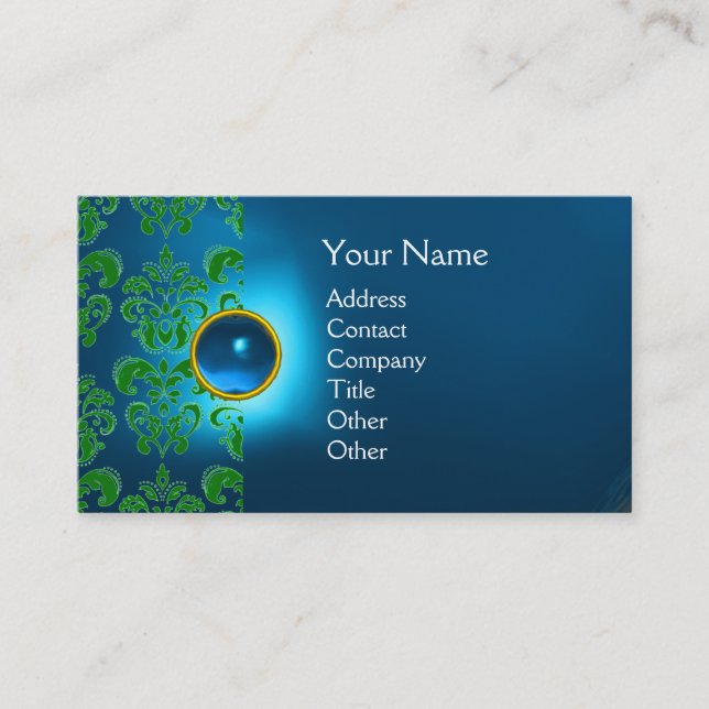 Tarjeta De Visita MODA DAMASK GEM MONOGRAM verde azul (Anverso)