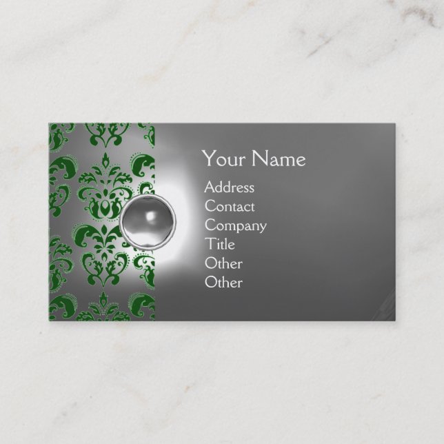Tarjeta De Visita MODA DAMASK GEM MONOGRAM verde blanco (Anverso)