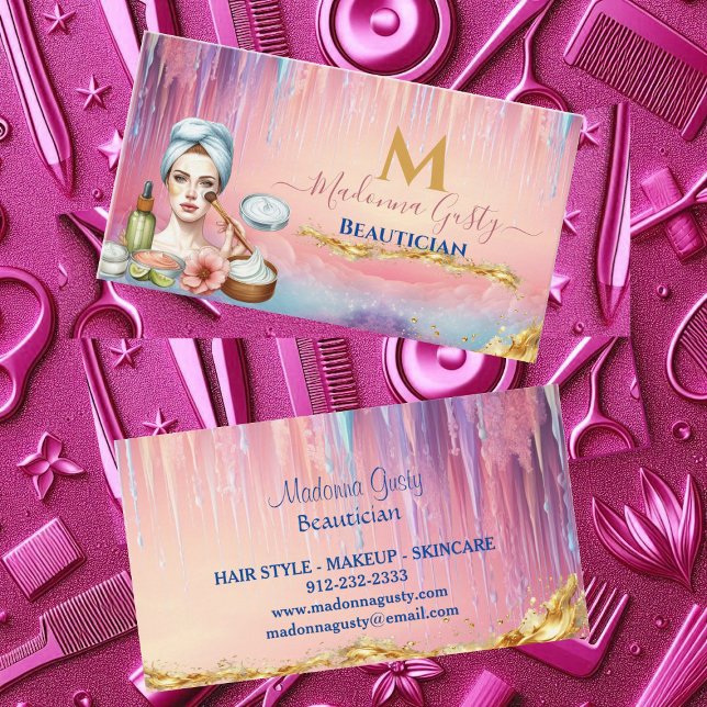 Tarjeta De Visita Moda de belleza monograma de oro rosado Pastel (Dripping Pastel Pink Gold Monogram Beautician Chic Business Card)
