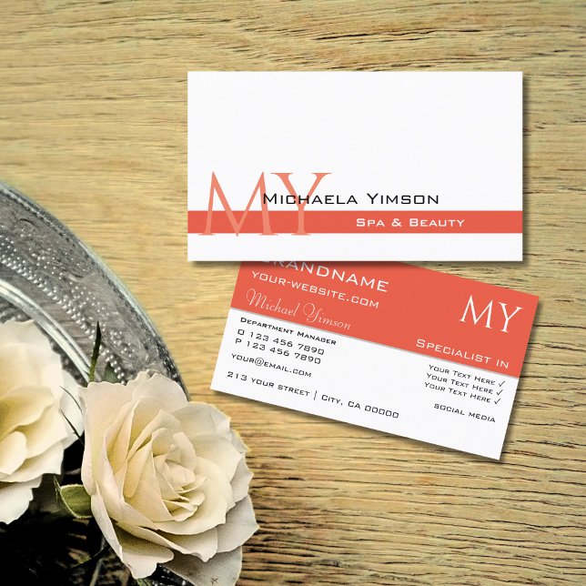 Tarjeta De Visita Moda de blanco y salmón con profesional inicial (Subido por el creador)