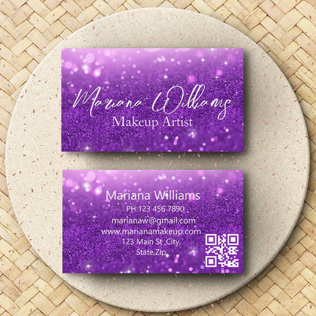 Tarjeta De Visita moda de código qr de artista de maquillaje purpuri (Subido por el creador)