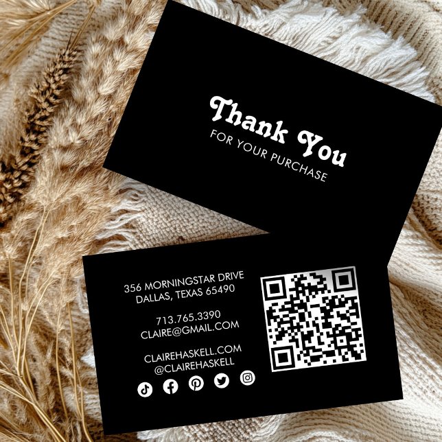 Tarjeta De Visita Moda De Guión De Fancy B&W Pedido Gracias QR Mínim (Fancy Script Chic B&W Order Thank You Minimal QR Business Card
)