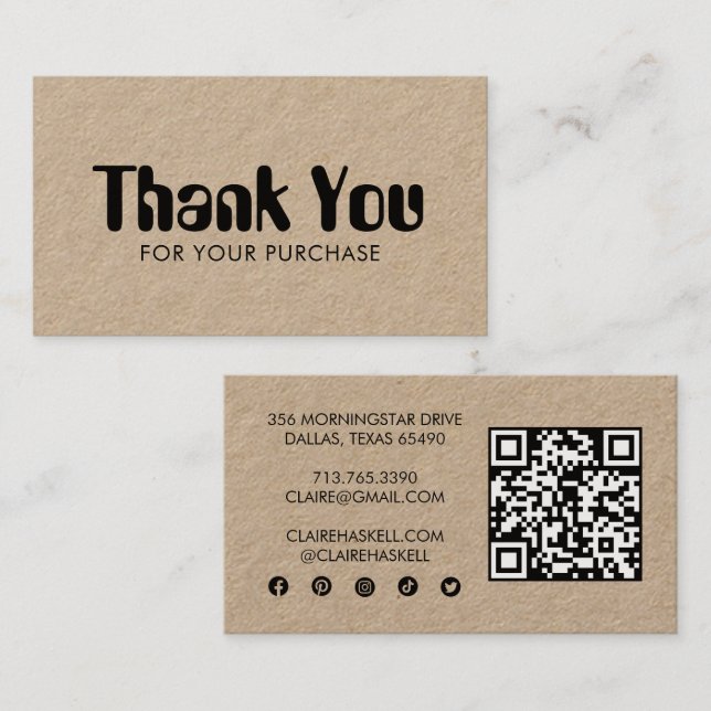 Tarjeta De Visita Moda De Guión Funky Orden Kraft Gracias QR Mínimo (Anverso / Reverso)