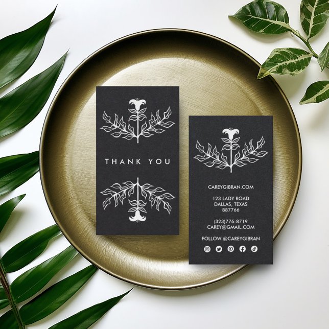 Tarjeta De Visita Moda de lujo Elegant Lily Order Gracias Comprar (Custom order thank you card with luxe dark paper and minimalist lily design. Social icons)