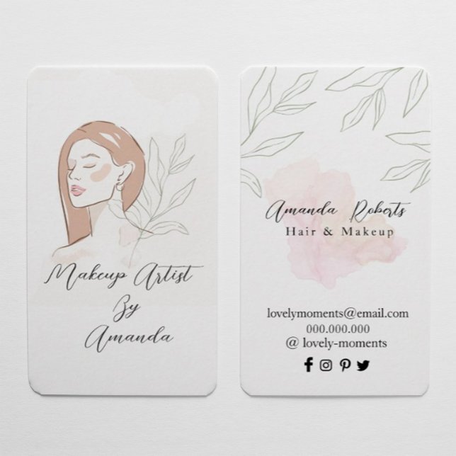Tarjeta De Visita Moda de maquillaje Artista Belleza Natural (#zazzlemade #beautynarural #makeupartist #proffissinal #watercolor #skincare #hair organic #leaves)
