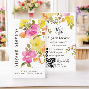 Tarjeta De Visita Moda de moda floral acuarela color blanco código q
