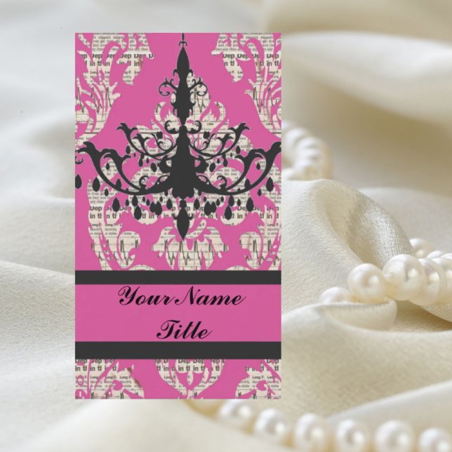 Tarjeta De Visita Moda de París candelabro caliente damasco rosa vin (Fashion Beauty Salon damask vintage chandelier Business Card)