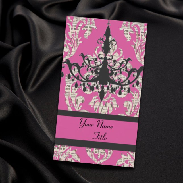 Tarjeta De Visita Moda de París candelabro caliente damasco rosa vin (Paris chic hot pink damask vintage chandelier business card)