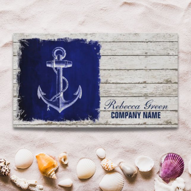 Tarjeta De Visita moda de playa madera naútica ancla azul marino (beach chic wood nautical navy blue anchor business card)