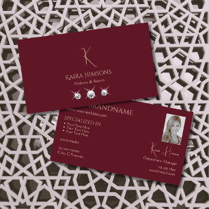 Tarjeta De Visita Moda de vino tinto con foto de monograma y joyas