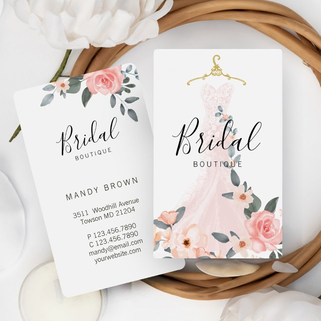 Tarjeta De Visita Moda Elegante Boda Floral Vestido Noche Boutique (Chic Stylish Floral Wedding Dress Bridal Boutique Business Card)