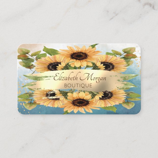 Tarjeta De Visita Moda elegante moderna, pincel de oro, girasoles (Anverso)