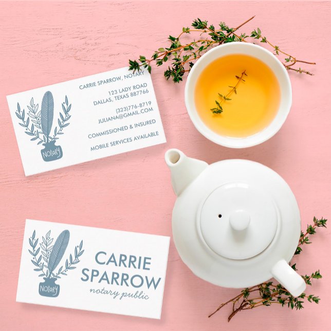 Tarjeta De Visita Moda Elegante Notario Público Inkpot Quill Botanic (Subido por el creador)
