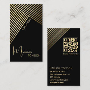 Tarjeta De Visita Moda elegante rayas doradas/negras código Qr
