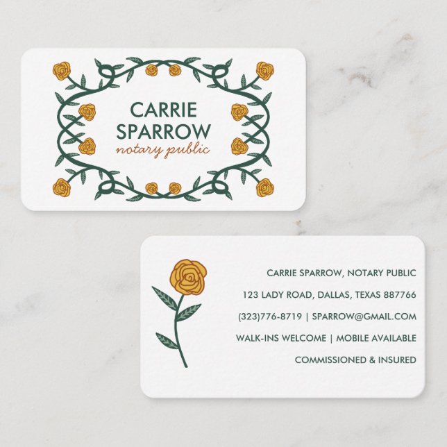 Tarjeta De Visita Moda Elegante Rosa Marco Floral Notario Público (Anverso / Reverso)