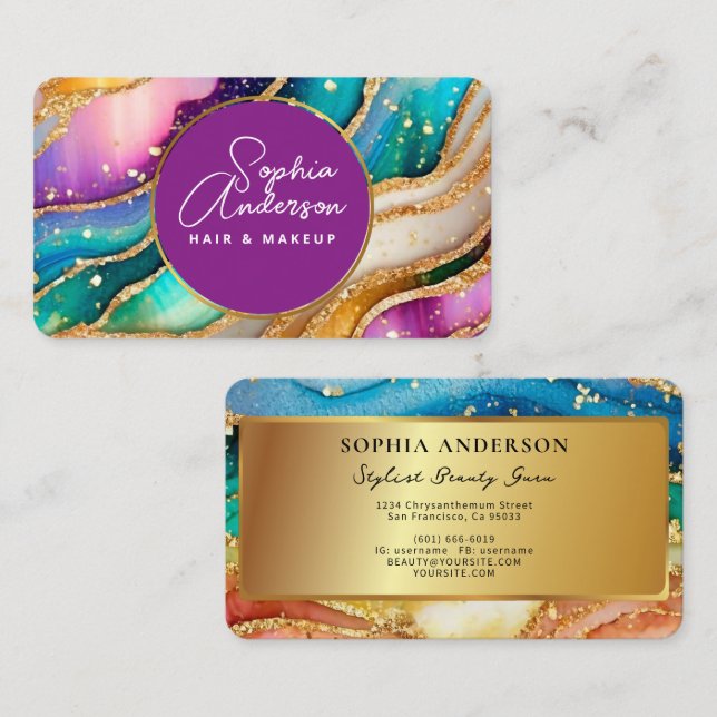 Tarjeta De Visita Moda espumosa Purpurina Golden Rainbow aglamour (Anverso / Reverso)