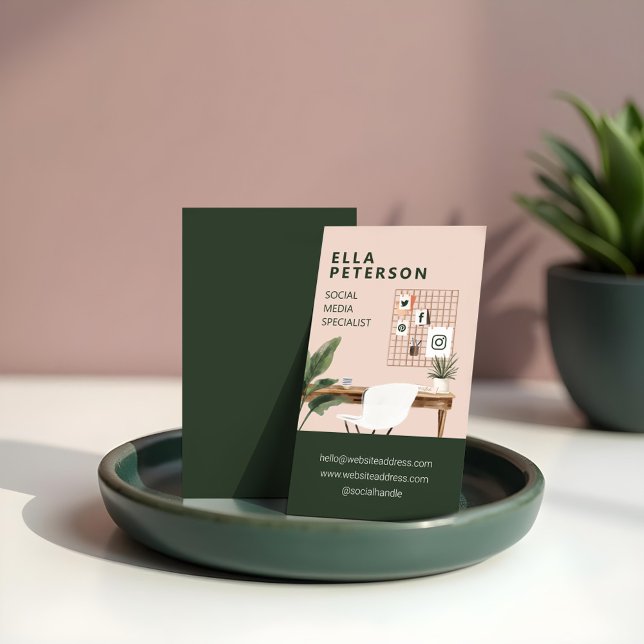 Tarjeta De Visita Moda Estaciones de Trabajo Elegantes Oficina Escri (Chic Stylish Workstation Office Desk Social Media Business Card)