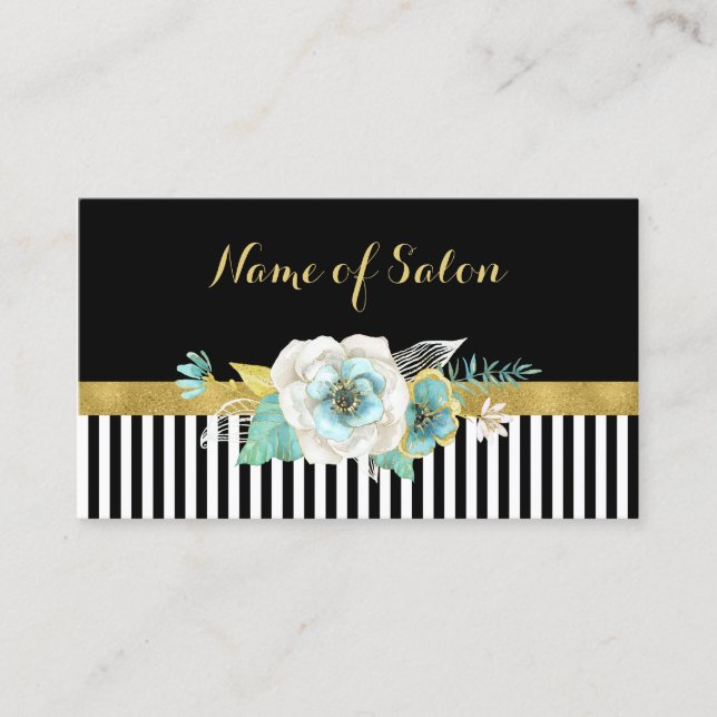 Tarjeta De Visita Moda Faux Gold Mint Flores Black Stripes Salon (Anverso)