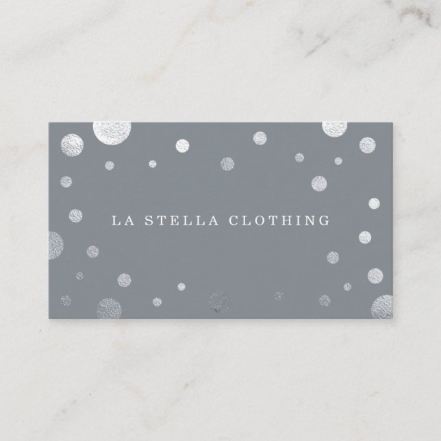 Tarjeta De Visita Moda Femenina Gris Plata Confetti Polka Punto (Anverso)