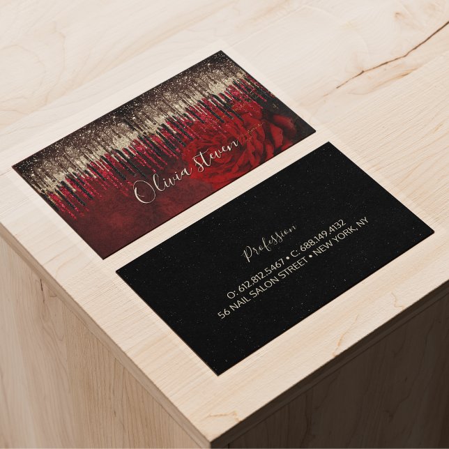 Tarjeta De Visita Moda flor roja goteo de oro purpurina monograma (Subido por el creador)