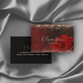 Tarjeta De Visita Moda flor roja imitación purpurina oro monograma