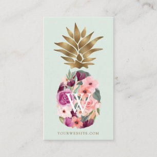 Tarjeta De Visita Moda Floral Acuarela Botánica Dorada Piña