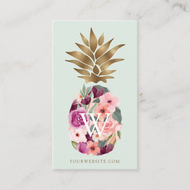 Tarjeta De Visita Moda Floral Agua Botánica Dorada Pineapple (Anverso)