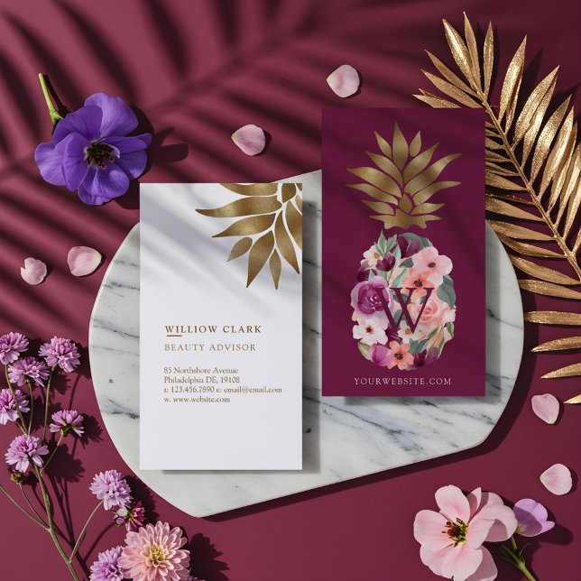 Tarjeta De Visita Moda Floral Agua Botánica Dorada Pineapple (Chic Floral Botanical Watercolor Golden Pineapple Business Card)