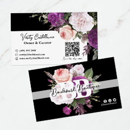 Tarjeta De Visita Moda floral blanca y negra - código QR Boutique