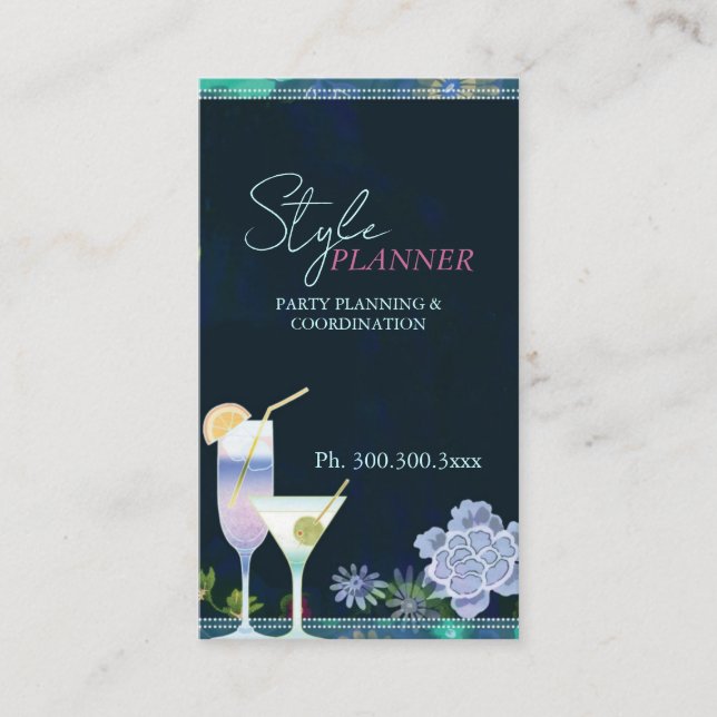 Tarjeta De Visita Moda Floral Cocktails Fiesta Planner (Anverso)