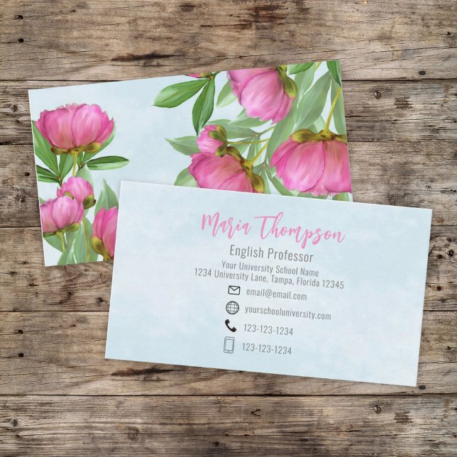 Tarjeta De Visita Moda Floral Estilo Pink Peony Profesional Azul (Subido por el creador)