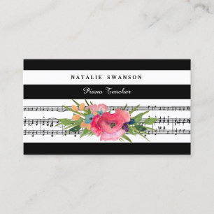 Tarjeta De Visita Moda Floral Piano Teacher Notas musicales modernas