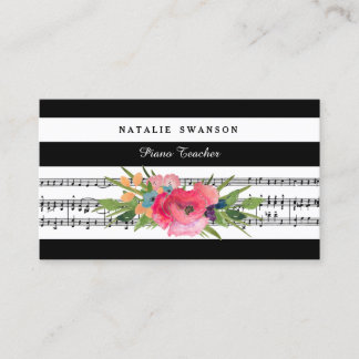 Tarjeta De Visita Moda Floral Piano Teacher Notas musicales modernas